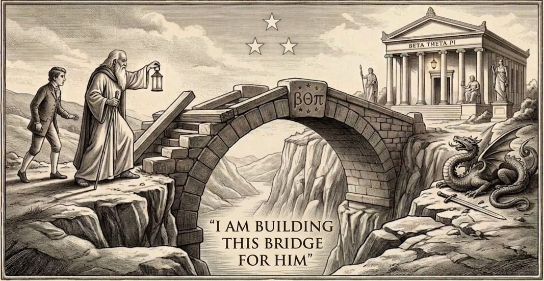 An engraving of an old man building a stone bridge across a chasm, a young traveller behind him, the words I am building this bridge for him beneath.