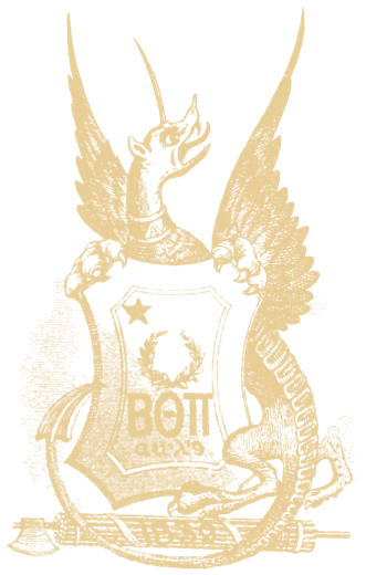 The Beta Theta Pi coat of arms: a winged dragon gripping a shield of three stars over a wreath, above fasces bearing the date 1839.
